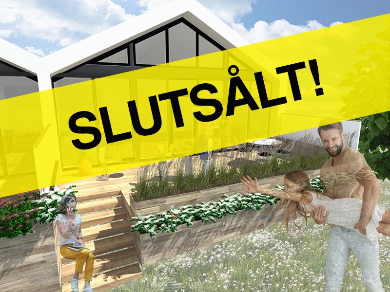 Illustration av hus med människor framför och texten "Slutsålt"