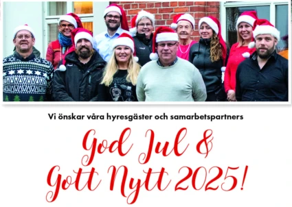 Foto på personalen med tomtemössor och texten "Vi önskar våra hyresgäster och samarbetspartners God jul & Gott nytt 2025!"