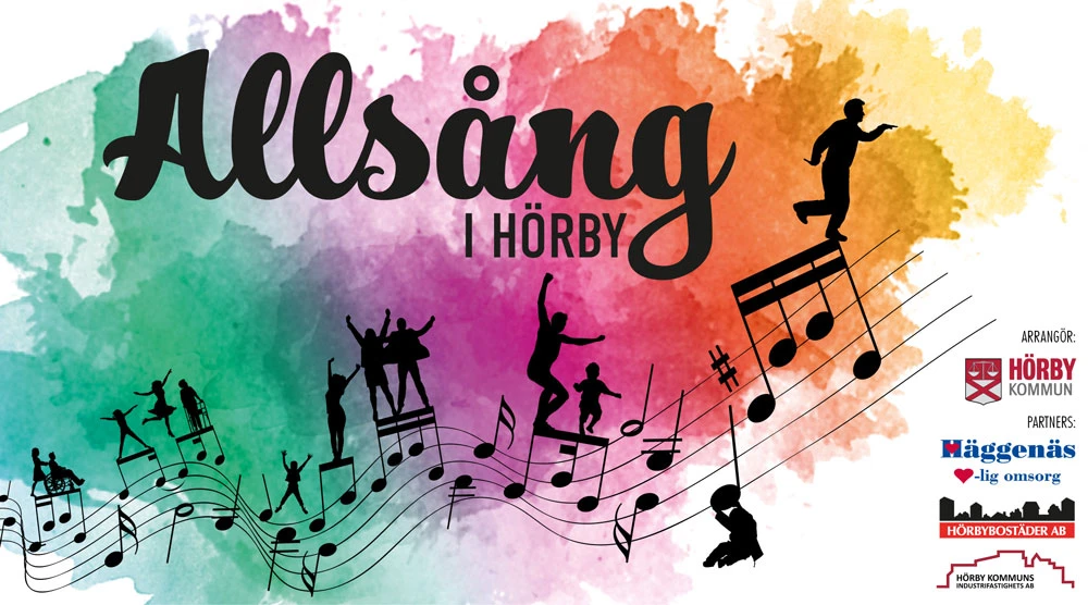 Skylt med texten "Allsång i Hörby" och sponsorernas loggor.