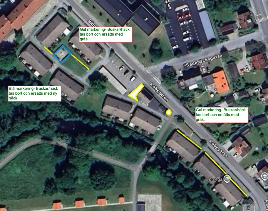Flygfoto över Råbygatan där flera områden markerats med färg. Färgen innebär att arbete kommer att ske på platsen.